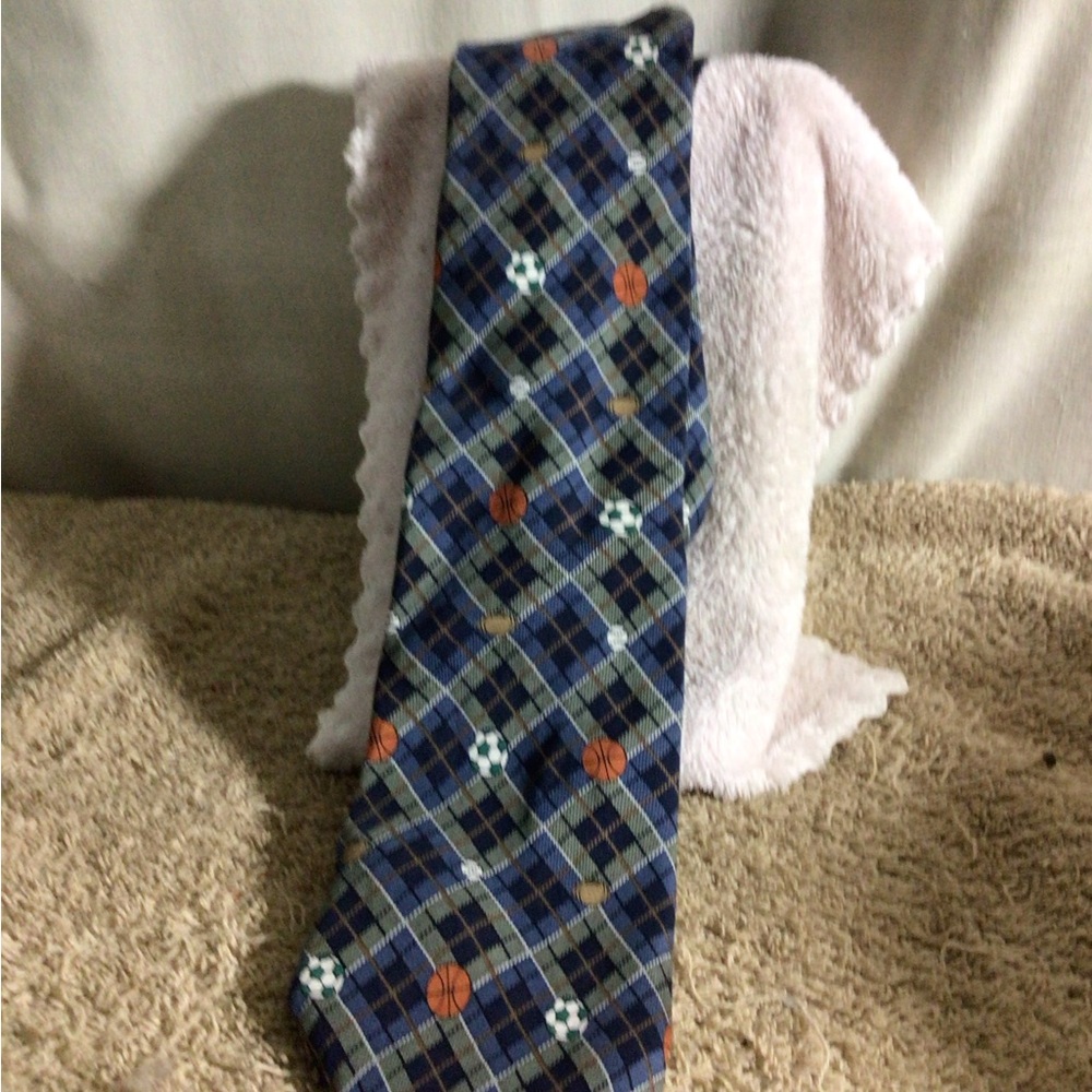 Navy Plaid Men's Tie with Sports Motifs